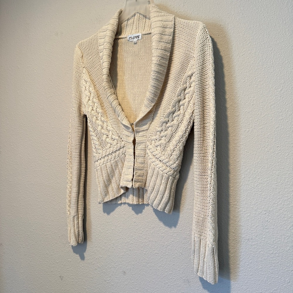 Clove Cream Cable Knit Shawl Collar Cropped Cardigan Sweater Womens Medium - Picture 3 of 4